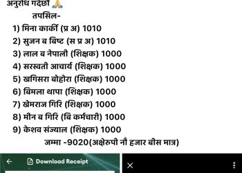 कालिकोटको एक बिद्यालयका शिक्षकद्वारा रसुवा बाढीपीडितलाई ९ हजार २० रुपैयाँ सहयोग