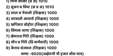 कालिकोटको एक बिद्यालयका  शिक्षकद्वारा रसुवा बाढीपीडितलाई ९ हजार २० रुपैयाँ सहयोग